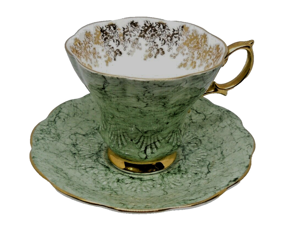 Rare Royal Albert Bone China Marbled Green Scalloped Tea Cup And Saucer England